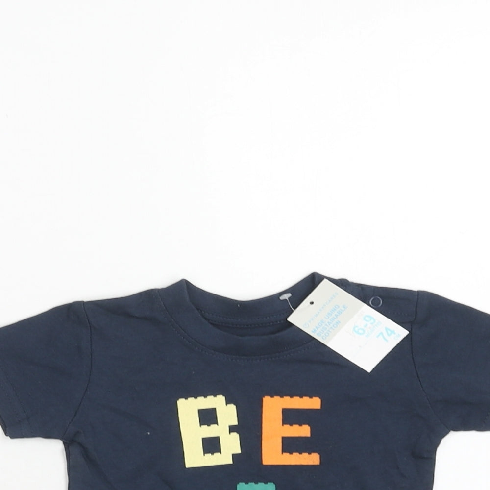 Primark Boys Blue Cotton Basic T-Shirt Size 6-9 Months Round Neck Button - Be You