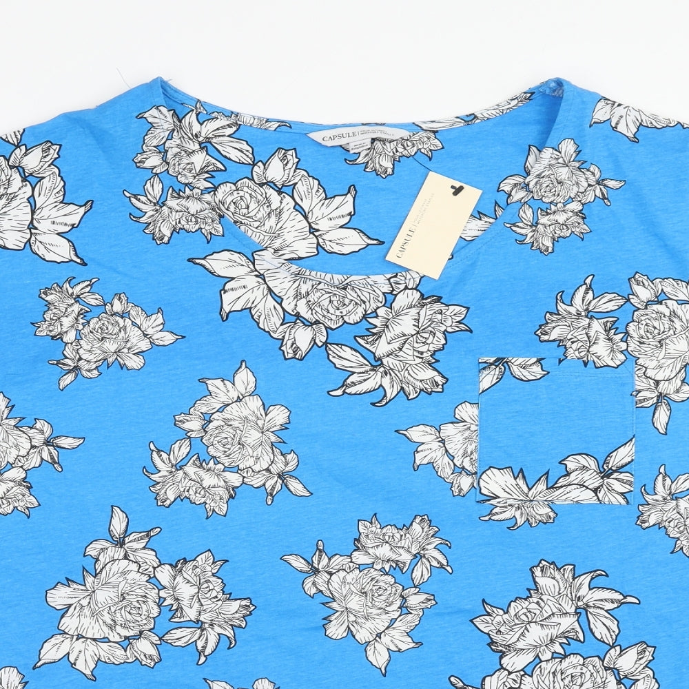 Capsule Womens Blue Floral Cotton Basic T-Shirt Size 24 Scoop Neck