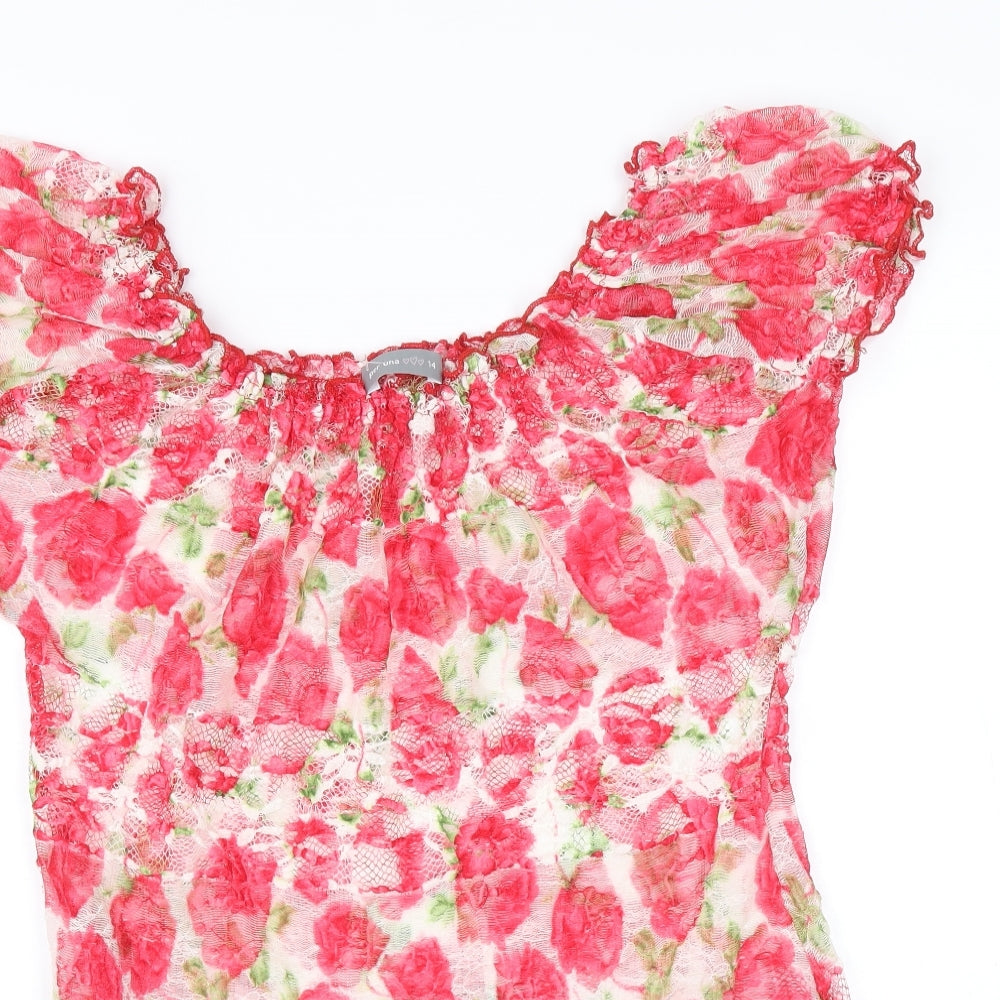 Per Una Womens Pink Floral Polyester Tunic Blouse Size 14 Scoop Neck