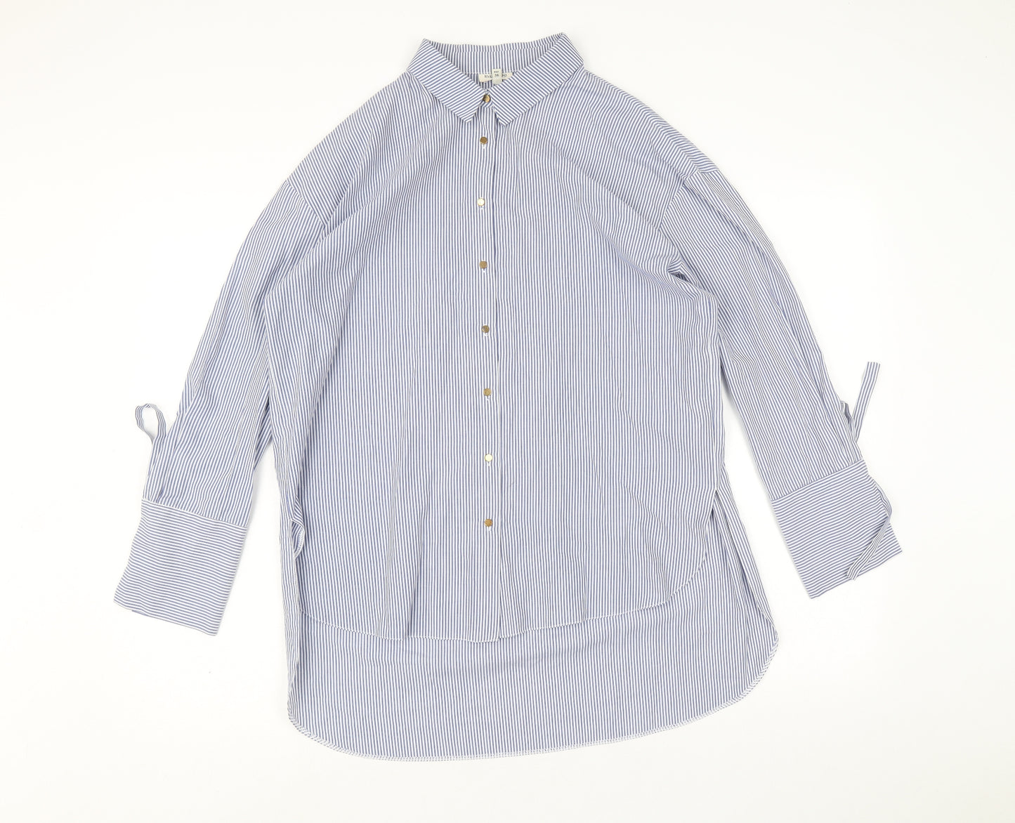 River Island Womens Blue Striped Cotton Basic Button-Up Size 10 Collared - Sleeve Tie Detail