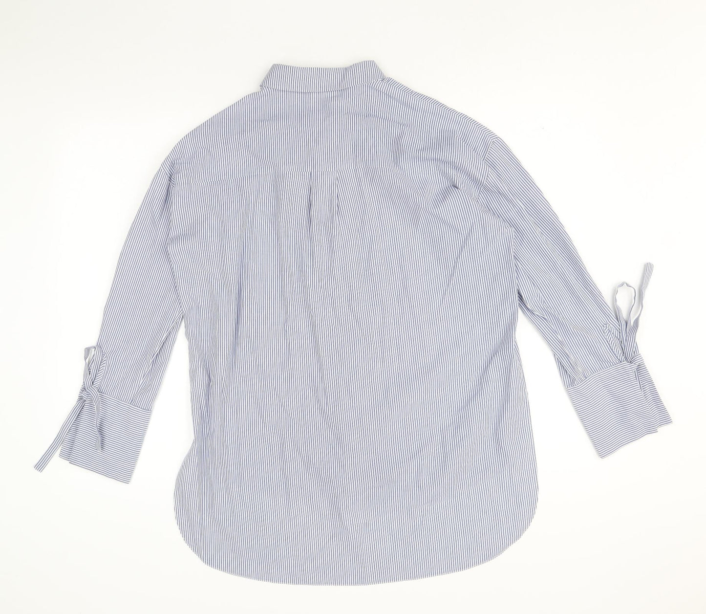 River Island Womens Blue Striped Cotton Basic Button-Up Size 10 Collared - Sleeve Tie Detail