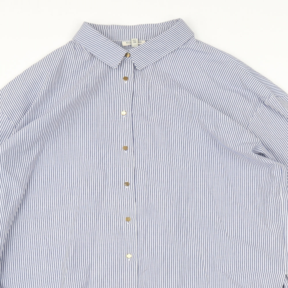 River Island Womens Blue Striped Cotton Basic Button-Up Size 10 Collared - Sleeve Tie Detail