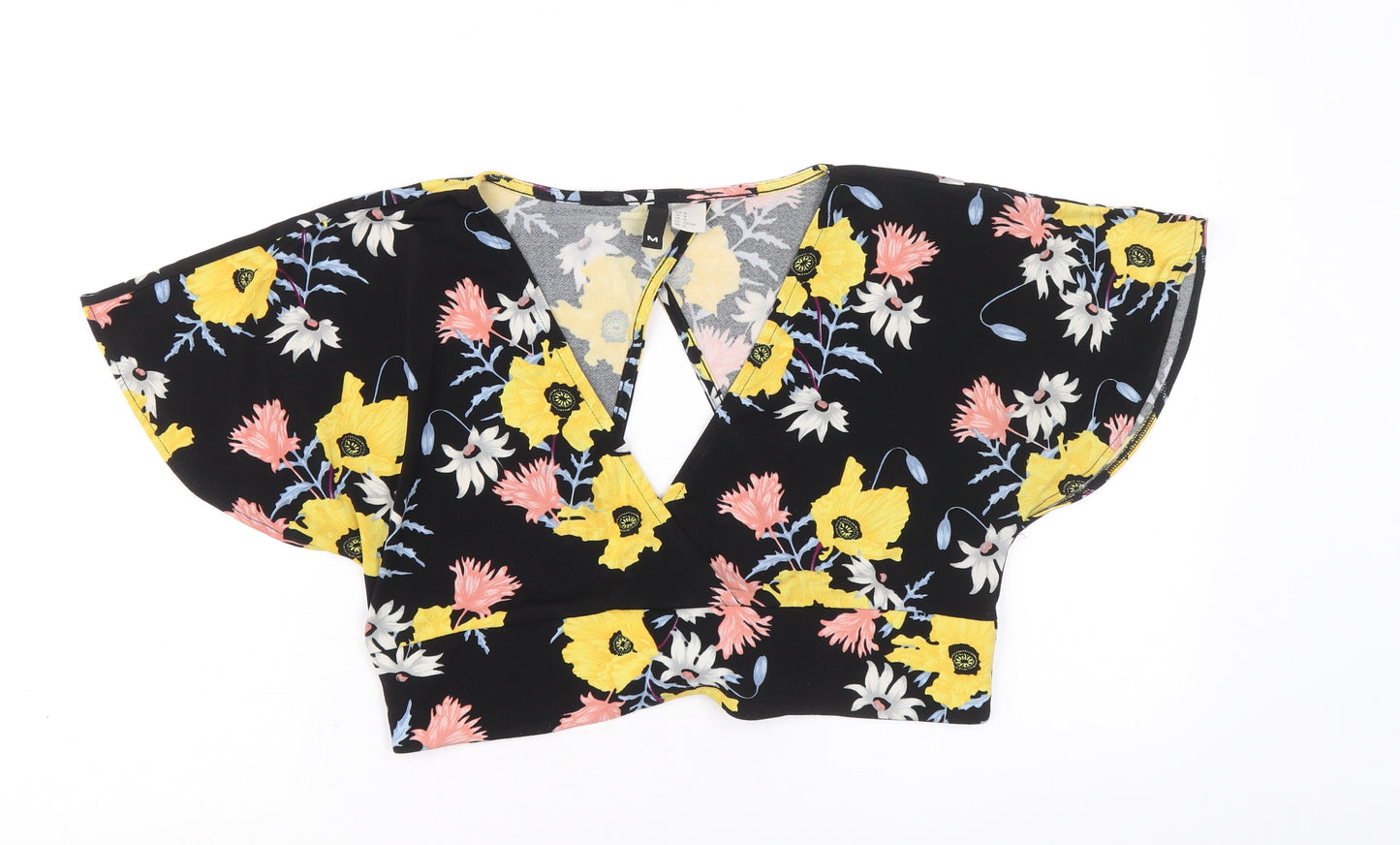 Divided by H&M Womens Black Geometric Polyester Cropped Blouse Size M V-Neck - Open Back