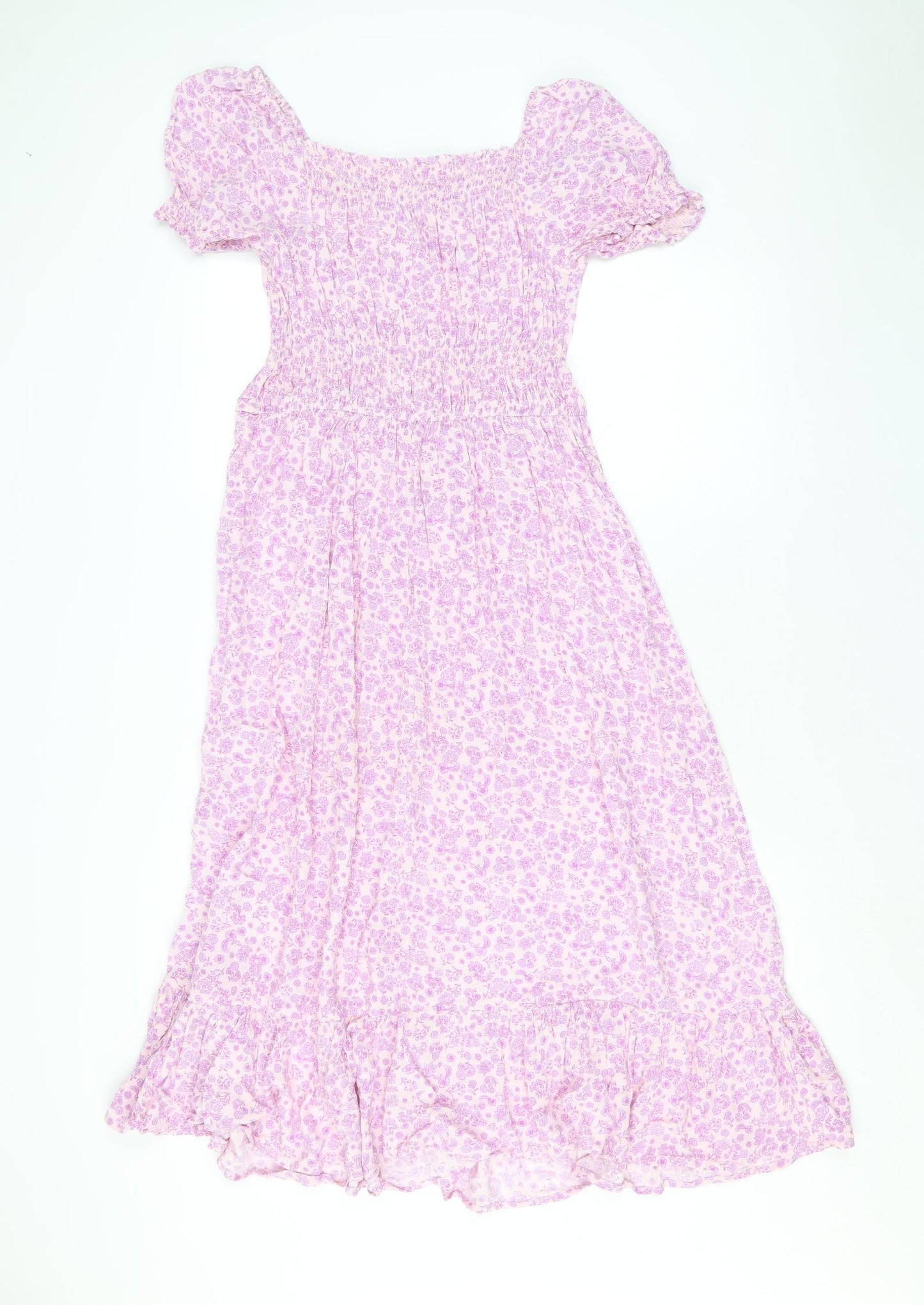 Marks and Spencer Girls Pink Floral Viscose Fit & Flare Size 13-14 Years Square Neck Pullover - Shirred Waist