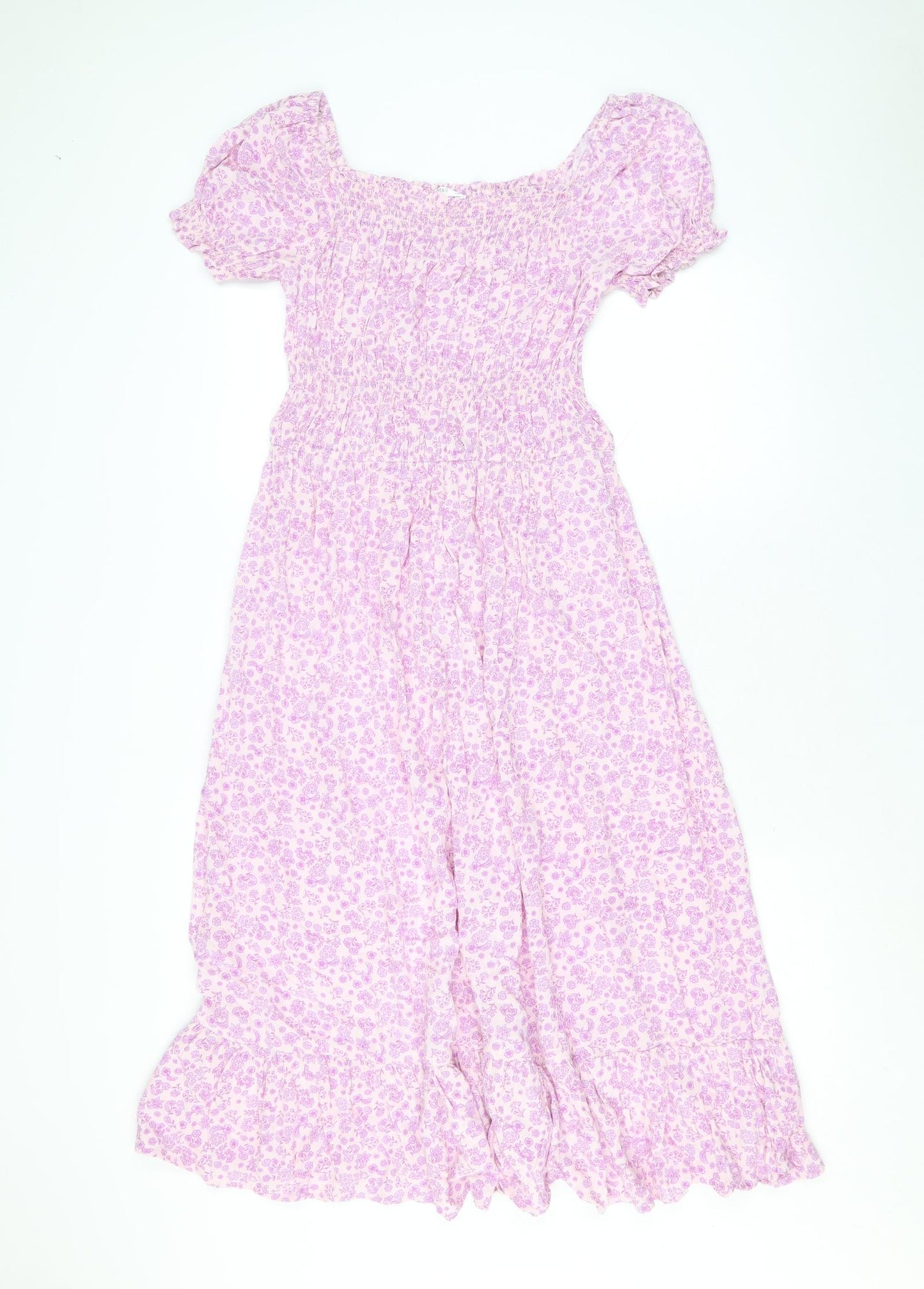 Marks and Spencer Girls Pink Floral Viscose Fit & Flare Size 13-14 Years Square Neck Pullover - Shirred Waist