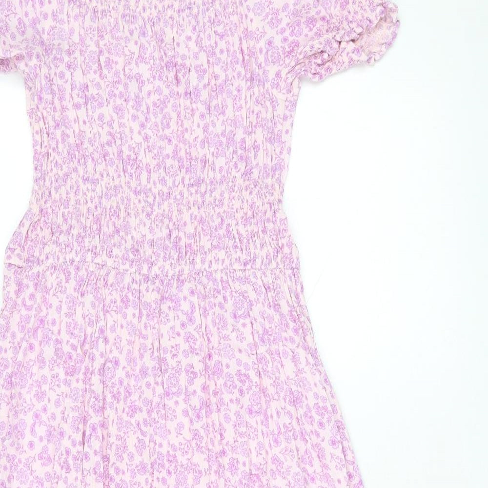 Marks and Spencer Girls Pink Floral Viscose Fit & Flare Size 13-14 Years Square Neck Pullover - Shirred Waist