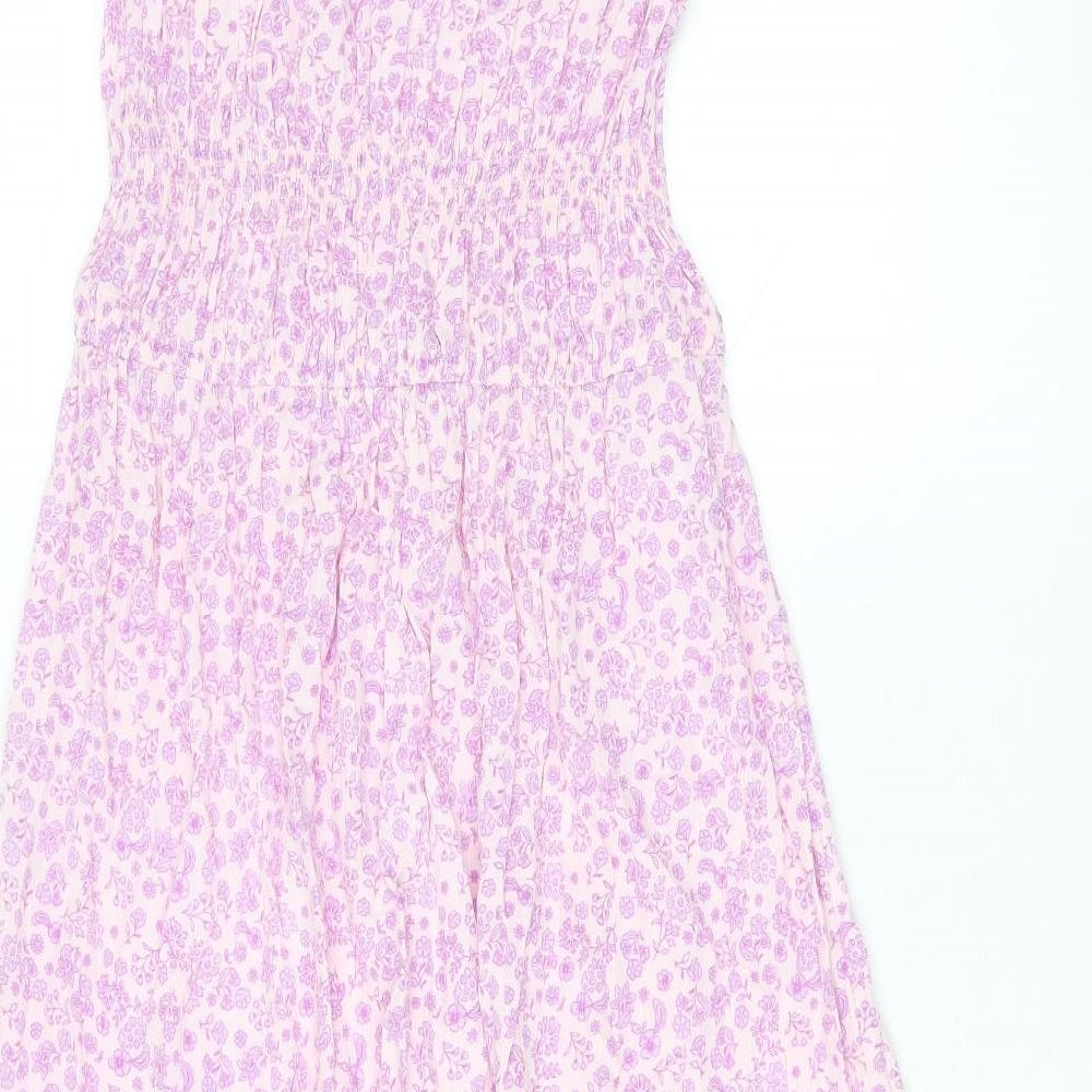 Marks and Spencer Girls Pink Floral Viscose Fit & Flare Size 13-14 Years Square Neck Pullover - Shirred Waist