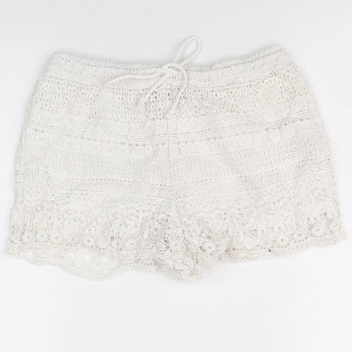 New Look Womens White Geometric Cotton Hot Pants Shorts Size L Regular Drawstring