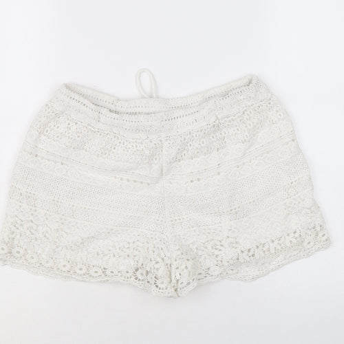 New Look Womens White Geometric Cotton Hot Pants Shorts Size L Regular Drawstring