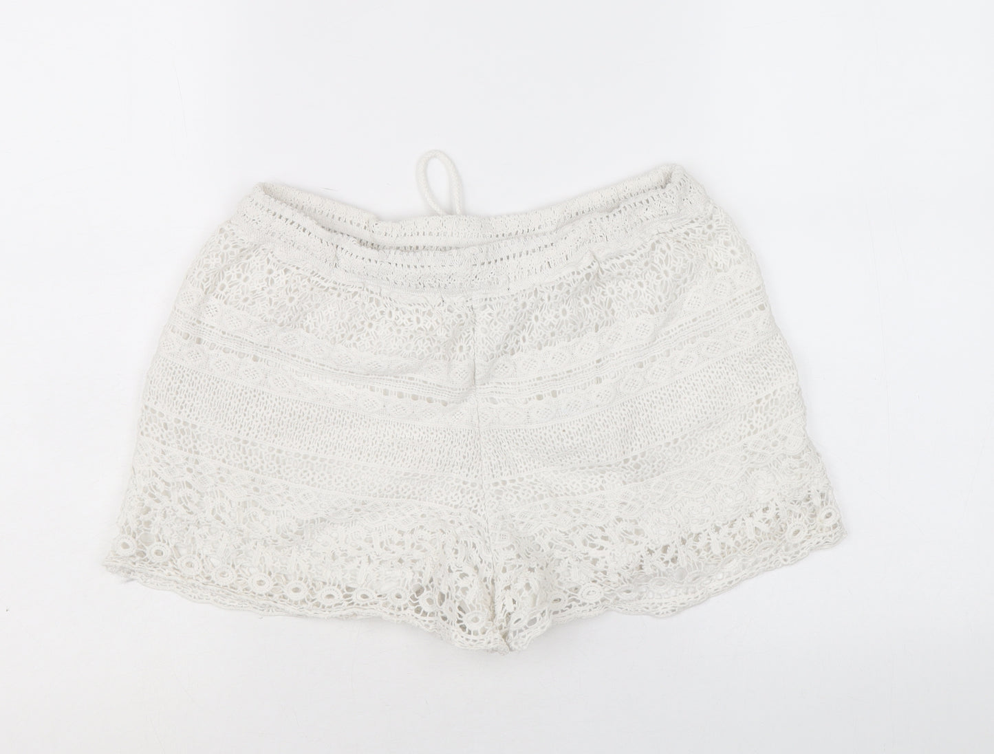 New Look Womens White Geometric Cotton Hot Pants Shorts Size L Regular Drawstring