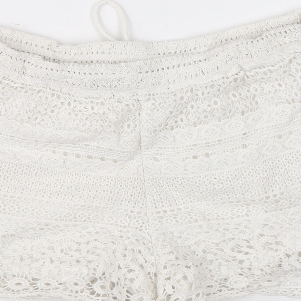 New Look Womens White Geometric Cotton Hot Pants Shorts Size L Regular Drawstring