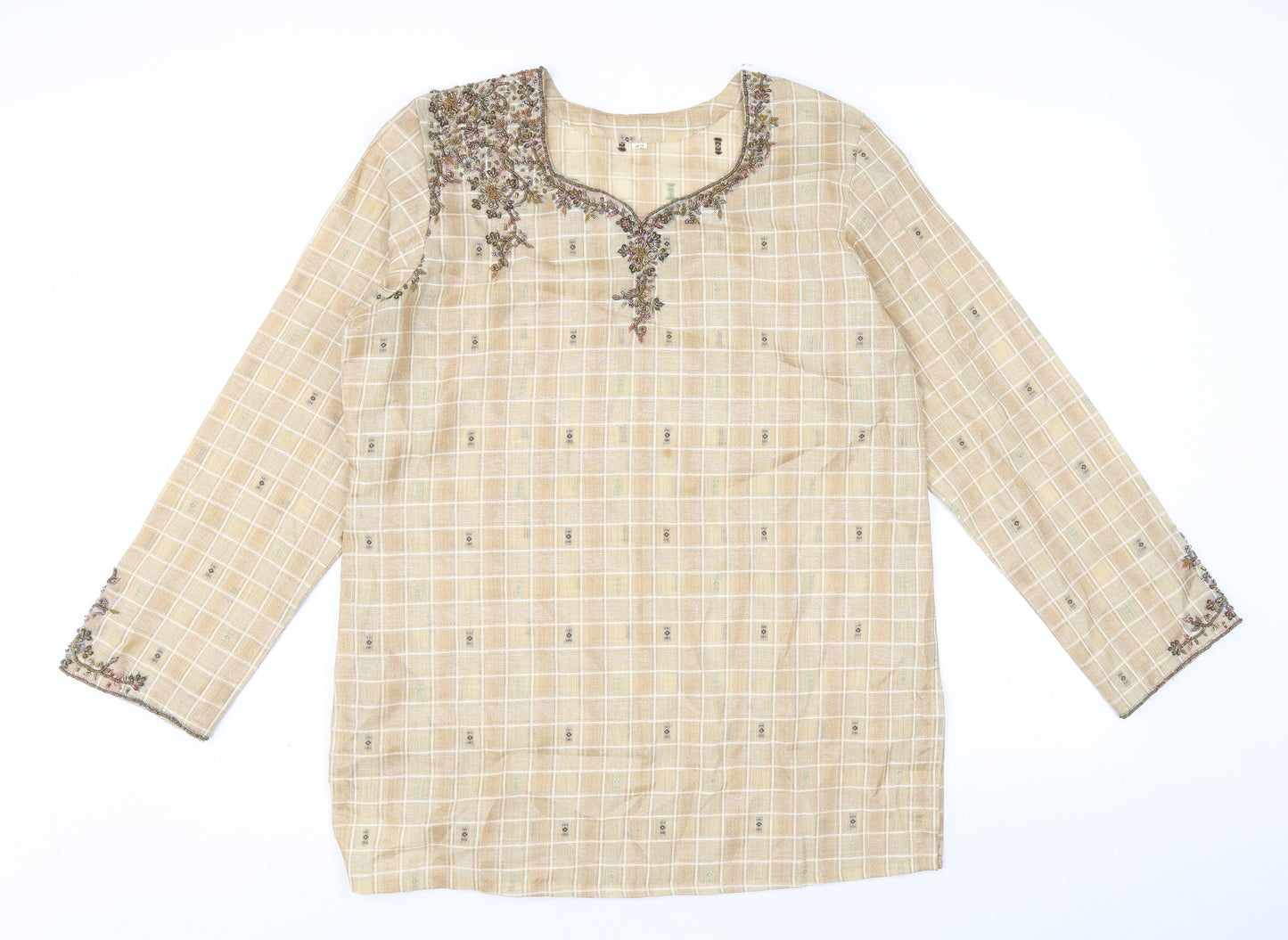 Preworn Womens Brown Geometric Polyester Basic Blouse Size 14 V-Neck