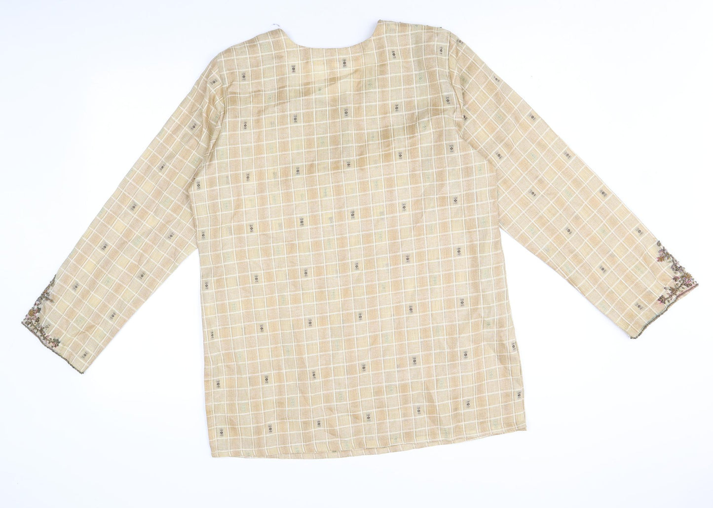 Preworn Womens Brown Geometric Polyester Basic Blouse Size 14 V-Neck