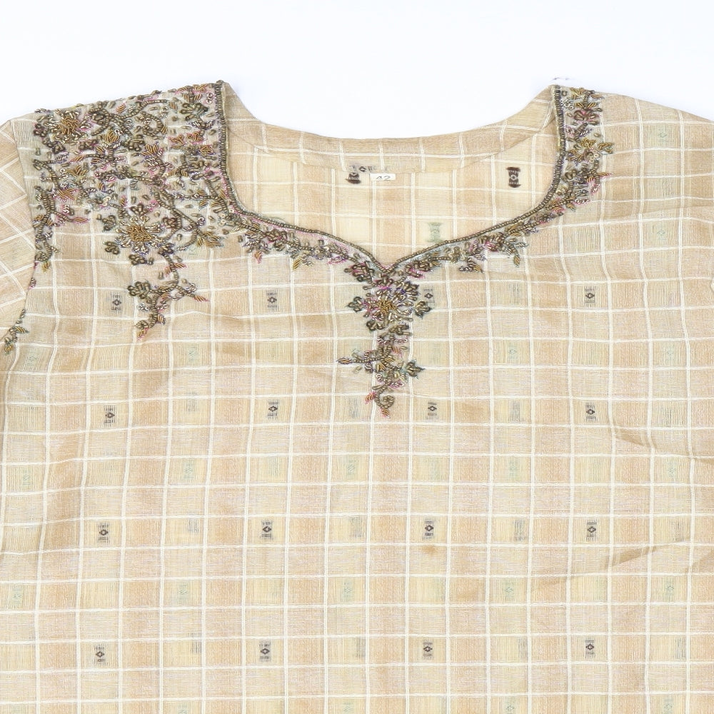 Preworn Womens Brown Geometric Polyester Basic Blouse Size 14 V-Neck