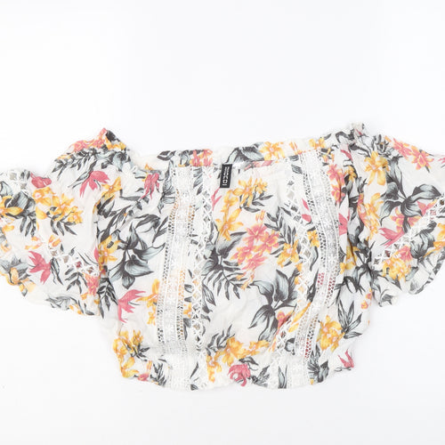 Divided by H&M Womens White Floral Viscose Cropped Blouse Size 10 Boat Neck