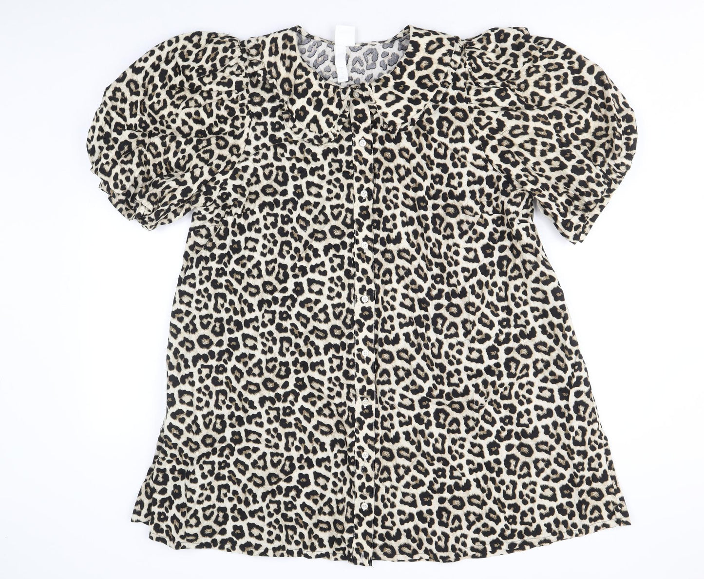 H&M Womens Brown Animal Print 100% Cotton A-Line Size L Collared Button - Leopard Pattern
