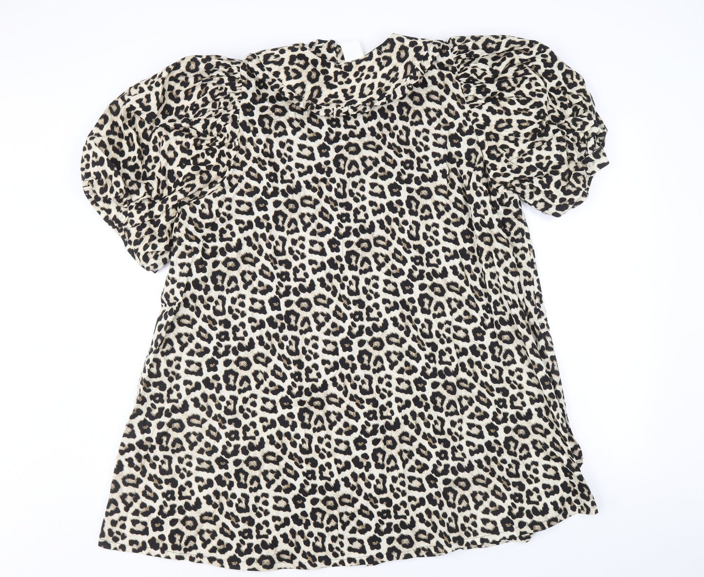H&M Womens Brown Animal Print 100% Cotton A-Line Size L Collared Button - Leopard Pattern