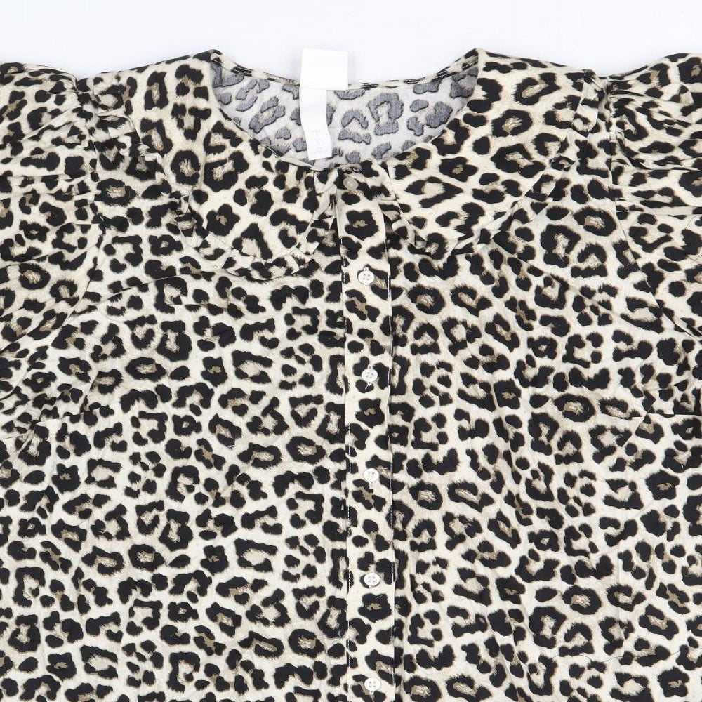 H&M Womens Brown Animal Print 100% Cotton A-Line Size L Collared Button - Leopard Pattern