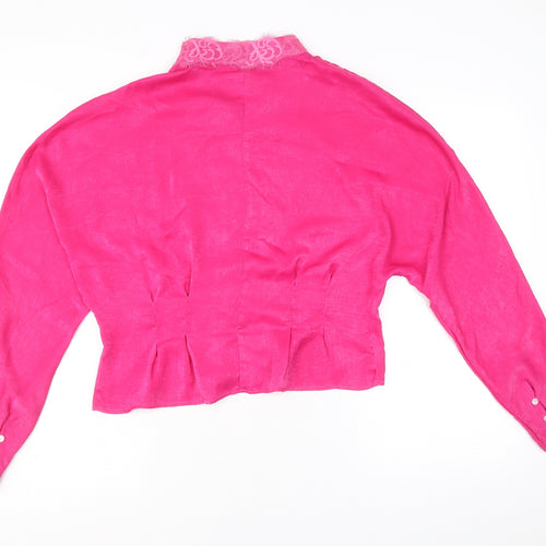 SheIn Womens Pink Polyester Basic Button-Up Size L V-Neck - Lace Detail