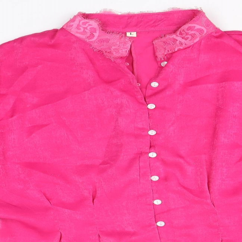 SheIn Womens Pink Polyester Basic Button-Up Size L V-Neck - Lace Detail