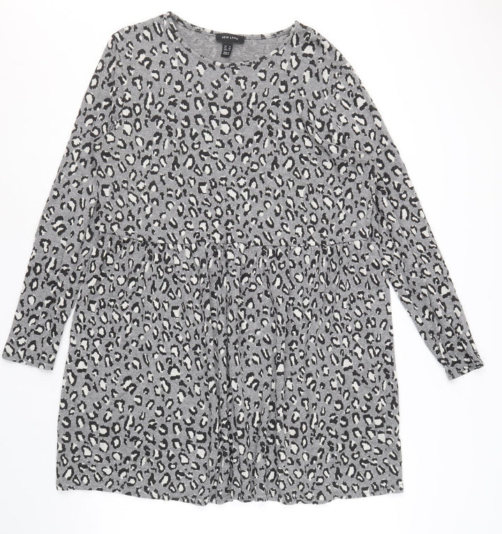 New Look Womens Grey Animal Print Viscose Trapeze & Swing Size 16 Round Neck Pullover - Leopard Pattern