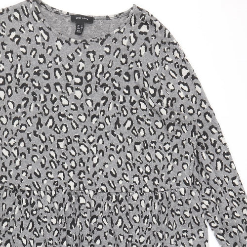 New Look Womens Grey Animal Print Viscose Trapeze & Swing Size 16 Round Neck Pullover - Leopard Pattern