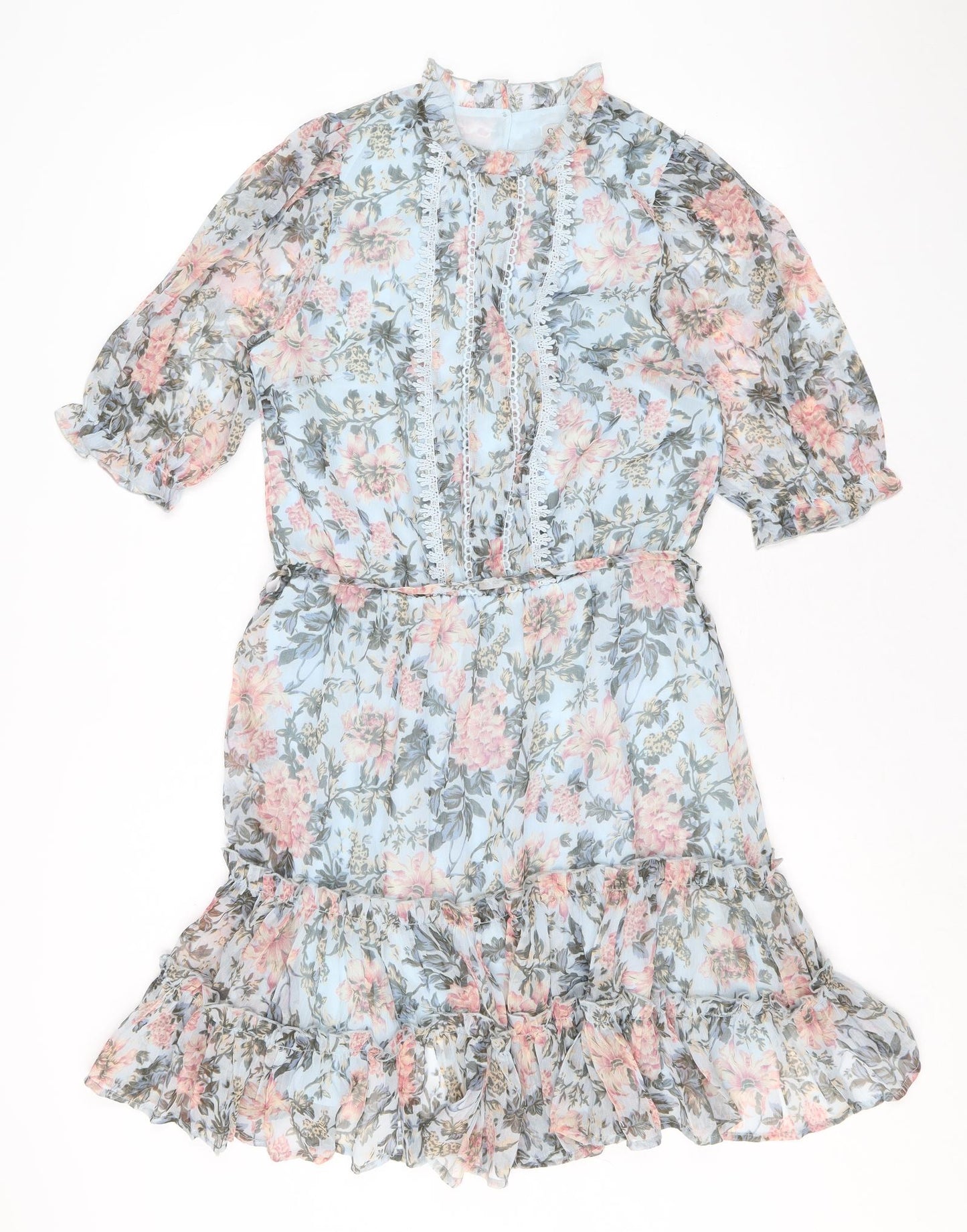 Oasis Womens Blue Floral Polyester Trapeze & Swing Size 10 Round Neck Button