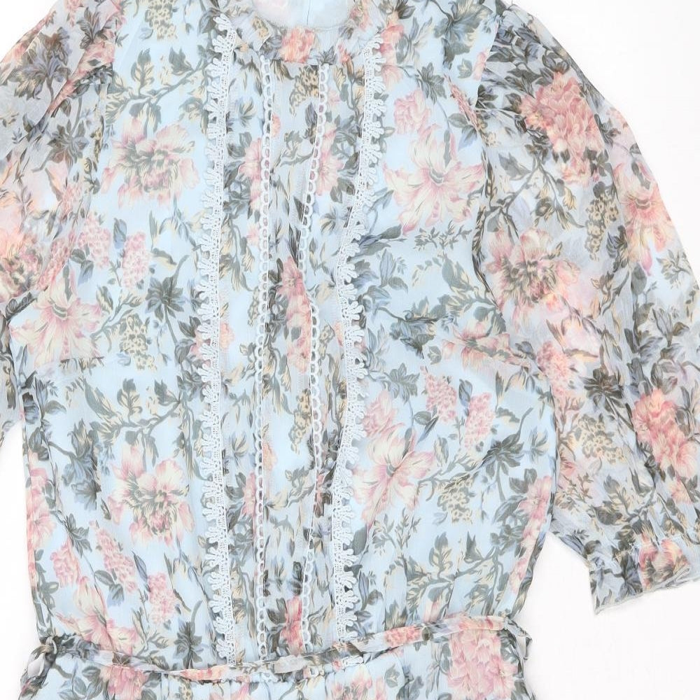 Oasis Womens Blue Floral Polyester Trapeze & Swing Size 10 Round Neck Button