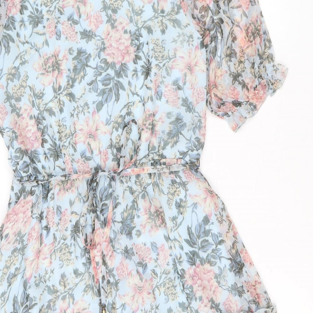 Oasis Womens Blue Floral Polyester Trapeze & Swing Size 10 Round Neck Button