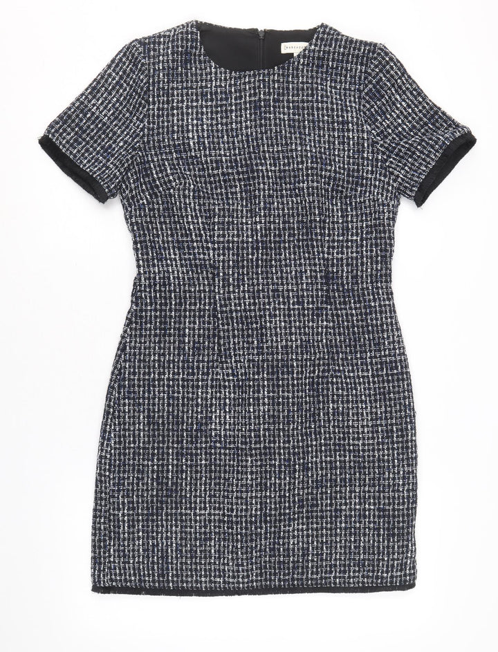 Warehouse Womens Blue Geometric Polyester A-Line Size 10 Round Neck Zip