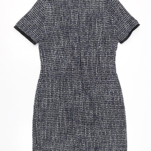 Warehouse Womens Blue Geometric Polyester A-Line Size 10 Round Neck Zip