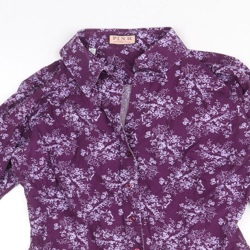 PINK Womens Purple Geometric 100% Cotton Basic Button-Up Size 8 Collared
