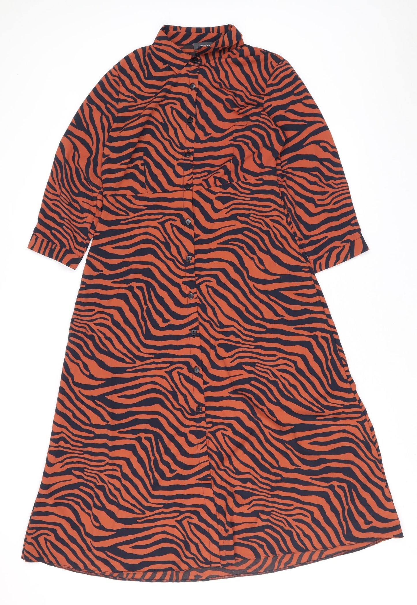 Primark Womens Brown Animal Print Polyester Shirt Dress Size 12 Collared Button - Tiger Print