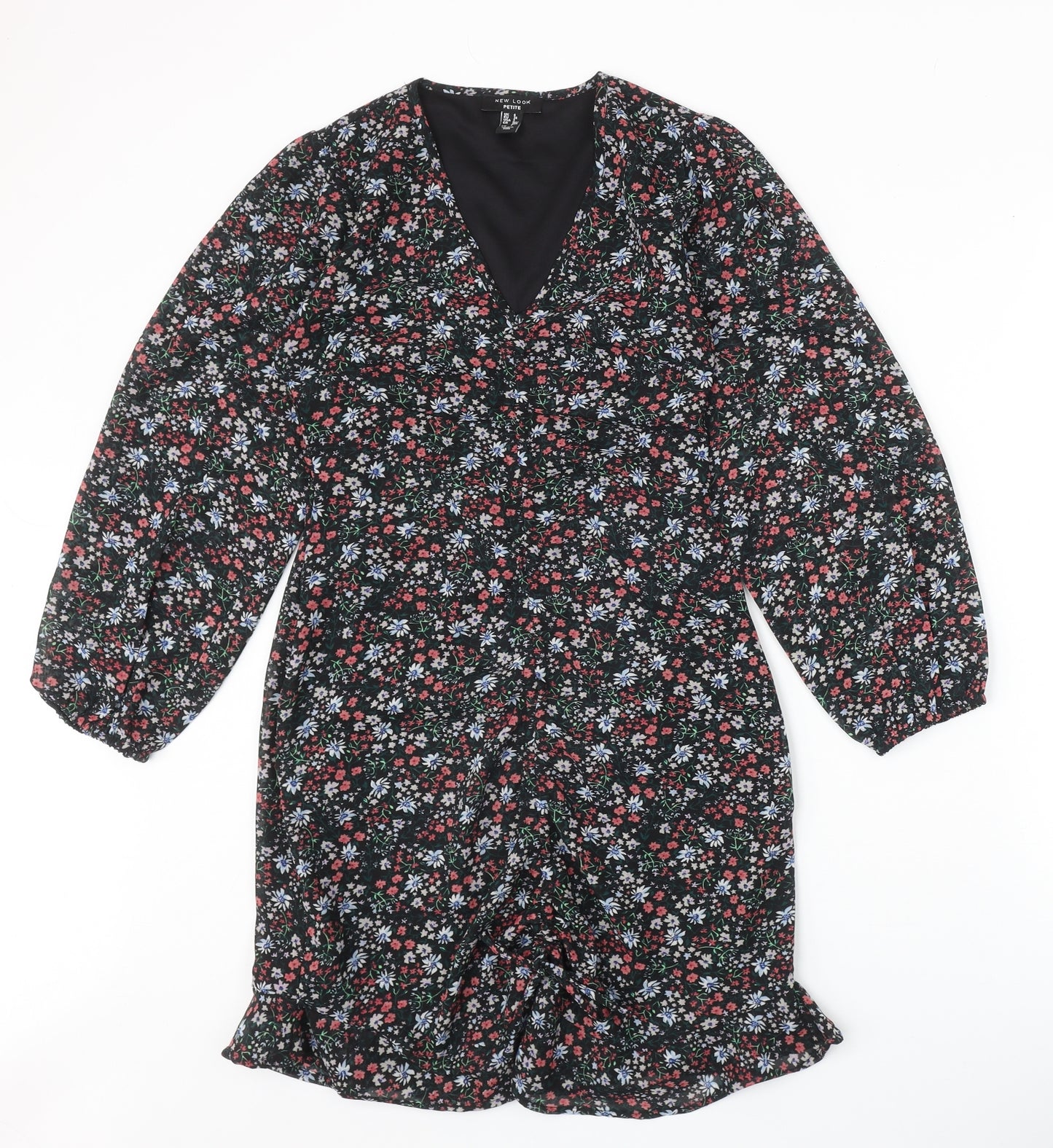 New Look Womens Black Floral Polyester A-Line Size 6 V-Neck Zip