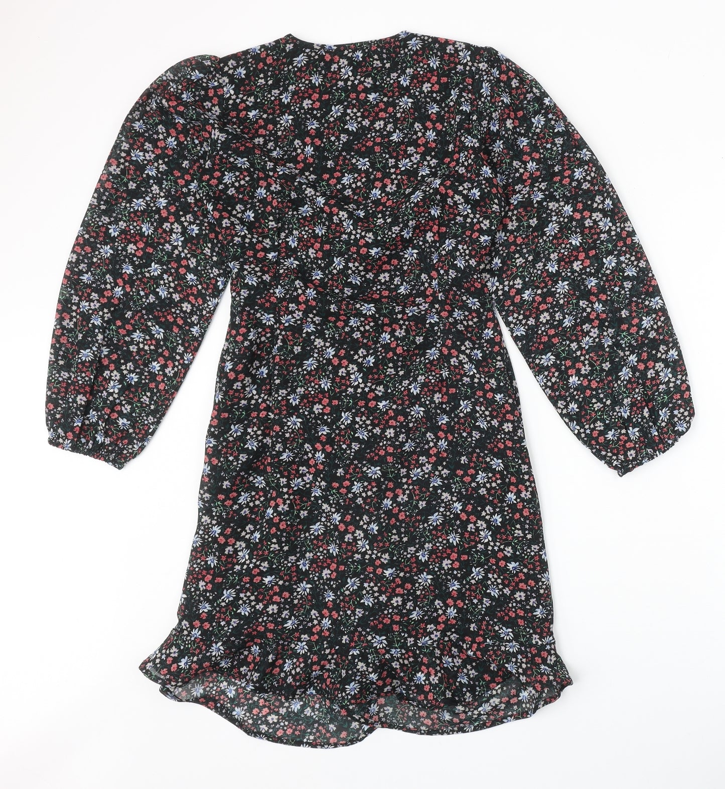 New Look Womens Black Floral Polyester A-Line Size 6 V-Neck Zip