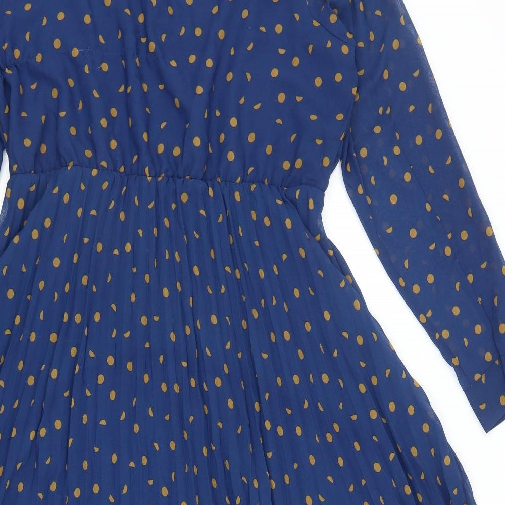 Damart Womens Blue Polka Dot Polyester Fit & Flare Size 16 Scoop Neck Button