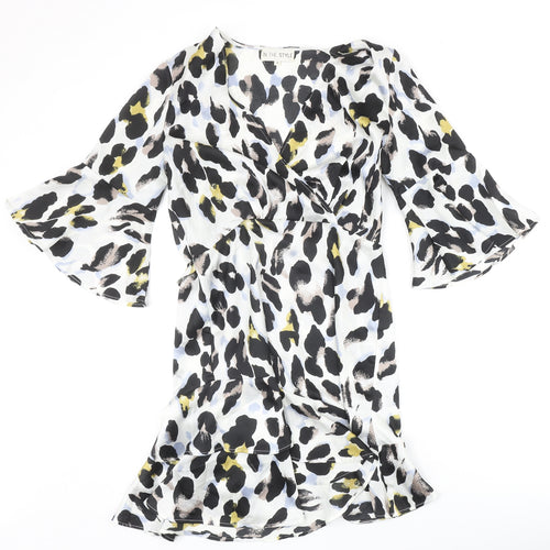 In the Style Womens Ivory Animal Print Polyester Fit & Flare Size 8 V-Neck Pullover - Leopard Pattern