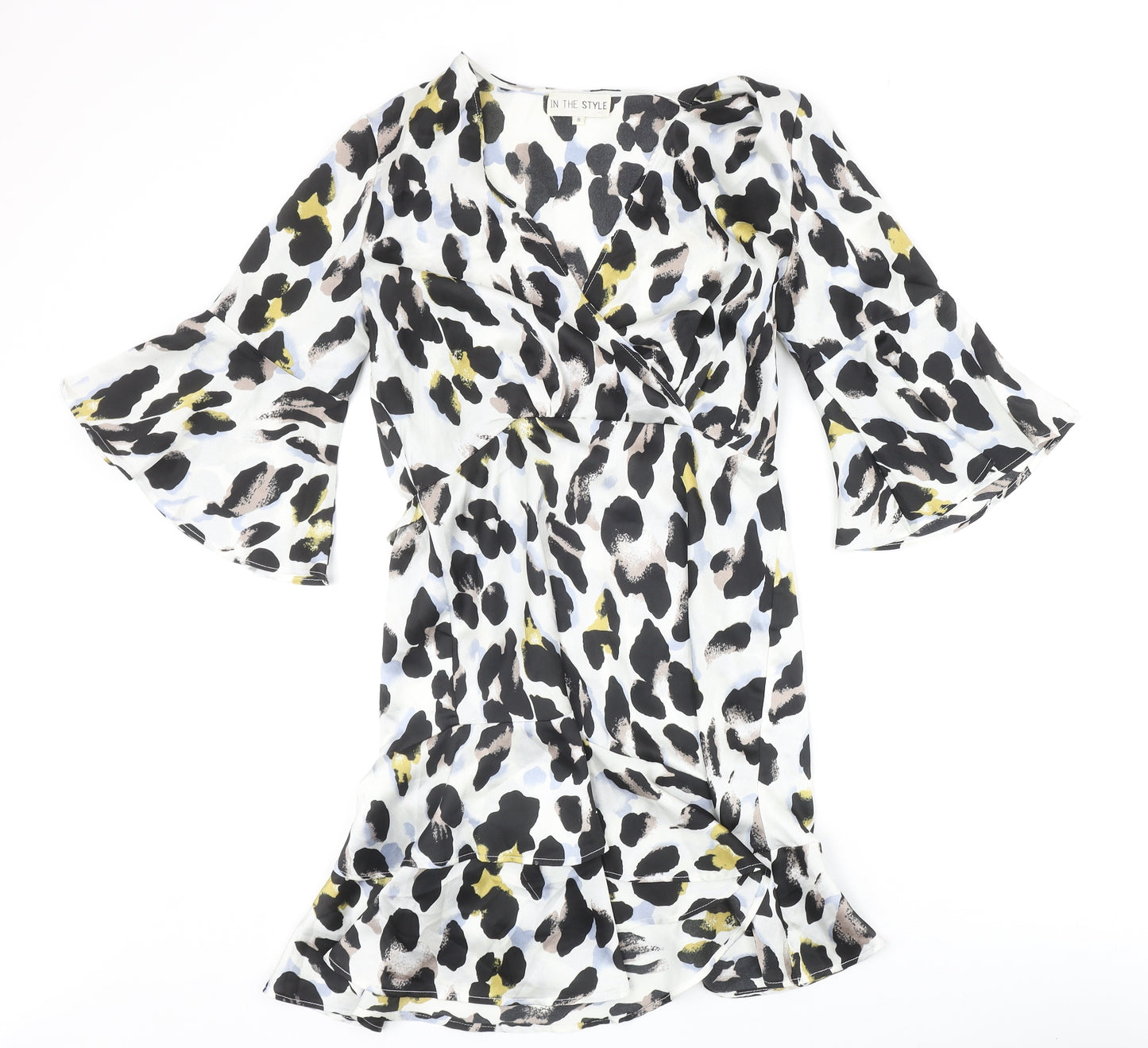 In the Style Womens Ivory Animal Print Polyester Fit & Flare Size 8 V-Neck Pullover - Leopard Pattern