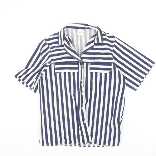 Canada Womens Blue Striped Polyester Basic Button-Up Size 12 Collared