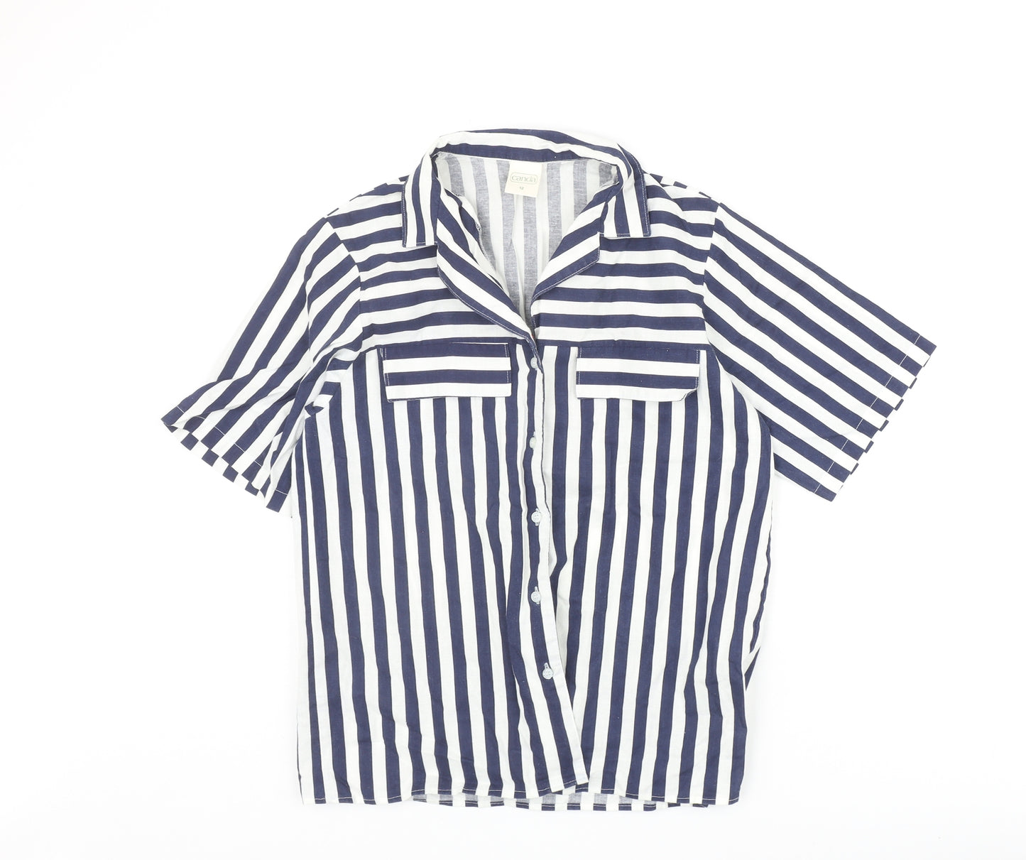 Canada Womens Blue Striped Polyester Basic Button-Up Size 12 Collared