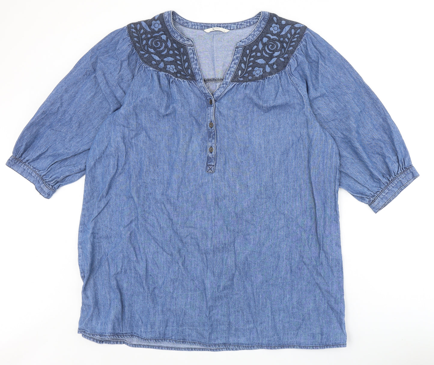 TU Womens Blue 100% Cotton Tunic Blouse Size 20 V-Neck
