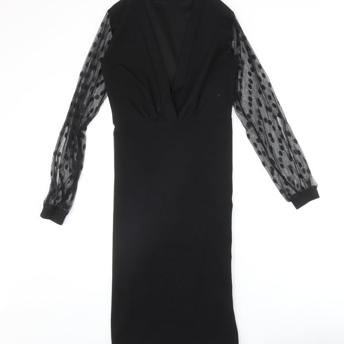 Boohoo Womens Black Polka Dot Polyester A-Line Size 8 V-Neck Pullover