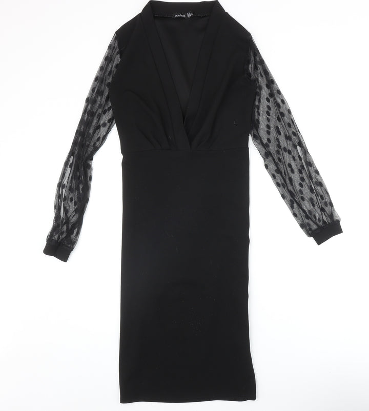 Boohoo Womens Black Polka Dot Polyester A-Line Size 8 V-Neck Pullover