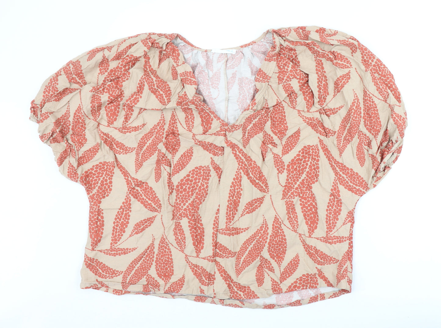 Primark Womens Beige Geometric Viscose Basic Blouse Size 16 V-Neck - Puff Sleeve