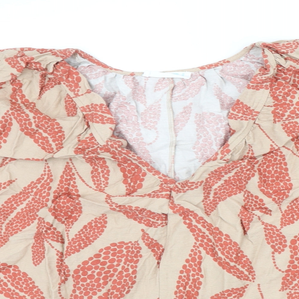 Primark Womens Beige Geometric Viscose Basic Blouse Size 16 V-Neck - Puff Sleeve