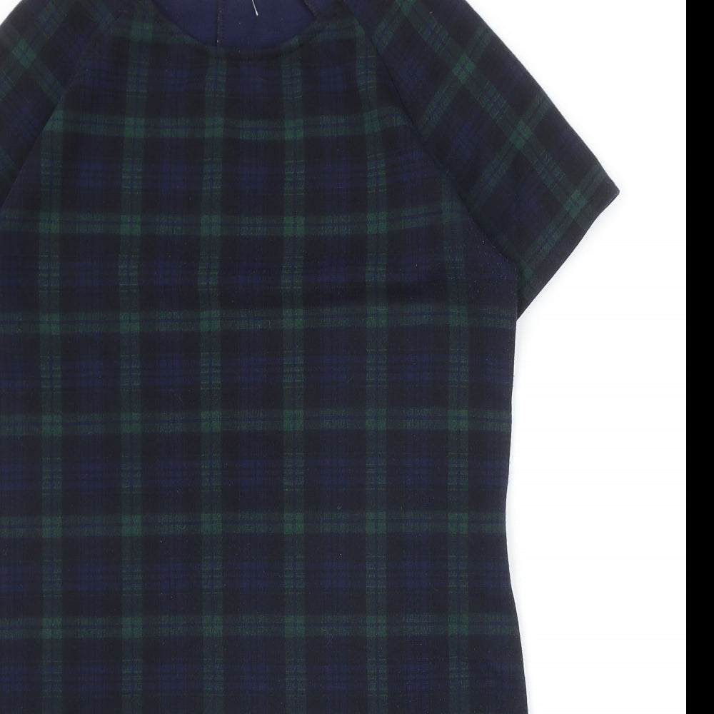New Look Womens Blue Plaid Polyester A-Line Size 14 Round Neck Pullover