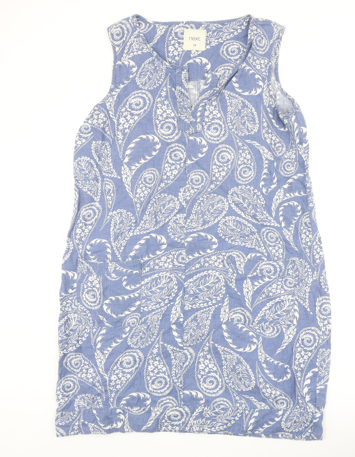 NEXT Womens Blue Paisley Linen A-Line Size 14 V-Neck Pullover