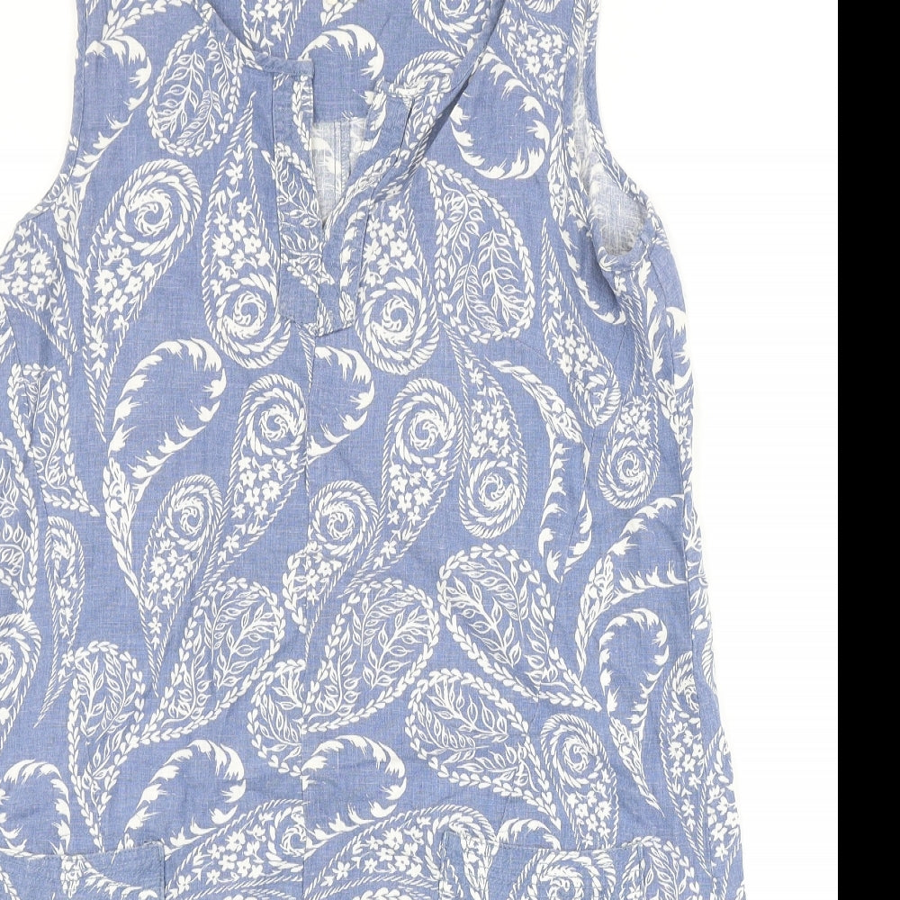 NEXT Womens Blue Paisley Linen A-Line Size 14 V-Neck Pullover