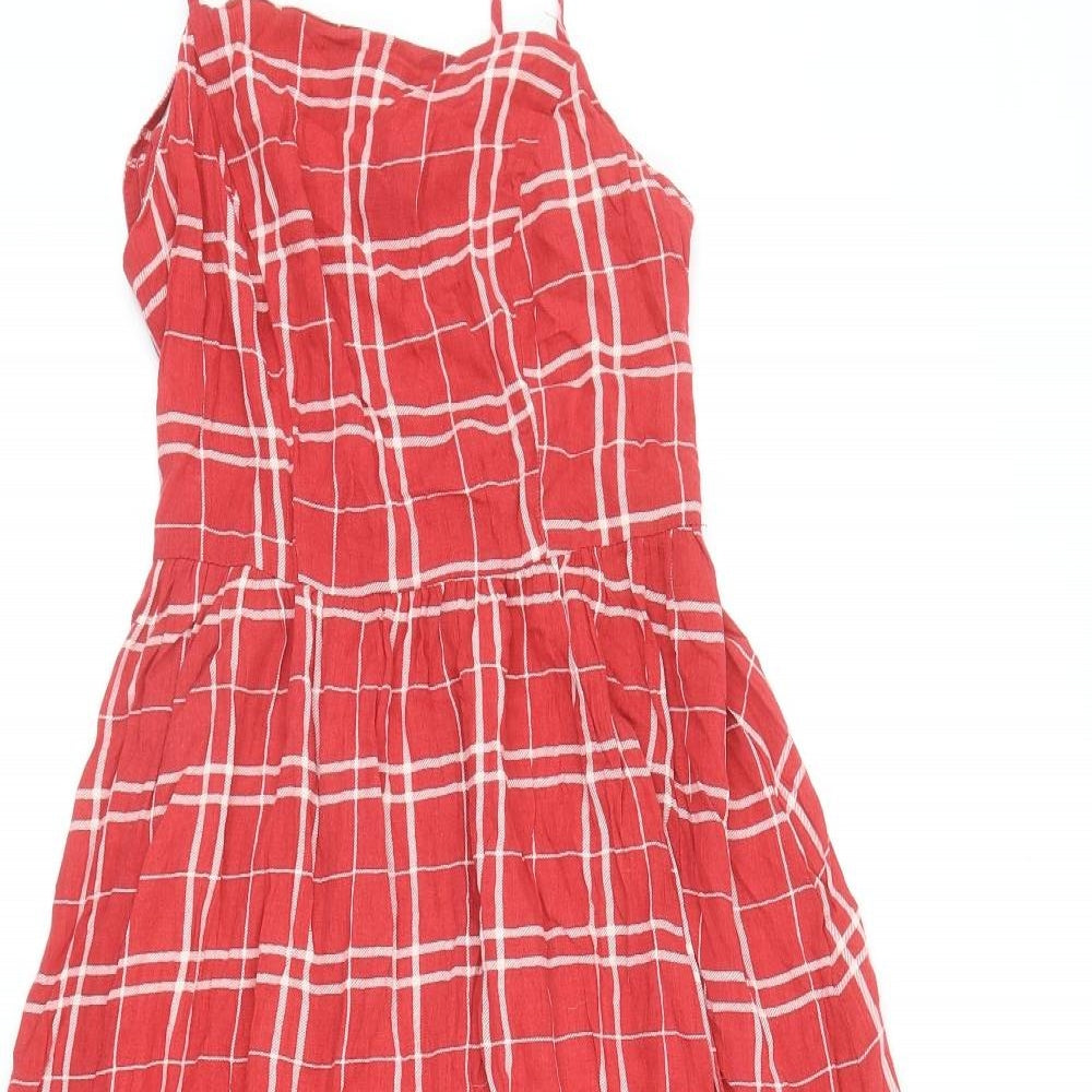 New Look Womens Red Plaid Viscose A-Line Size 8 Square Neck Pullover