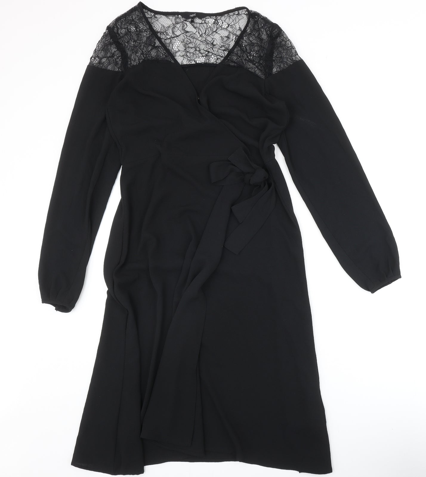NEXT Womens Black Polyester Wrap Dress Size 10 V-Neck Snap - Lace Detail